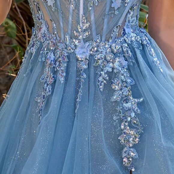 New Off The Shoulder A-Line Mesh Gown w/ Floral Applqiue & Layered Skirt GL3719 - Picture 7 of 14